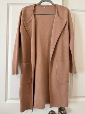 Open-Front Longline Women’s Knit Cardigan w/ pockets, Tan